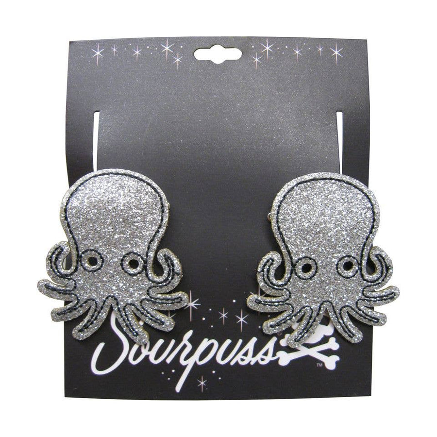 Sourpuss Silver Glitter Octopus Hair Clips Set of 2 | Nautical Rockabilly Hair Accessories