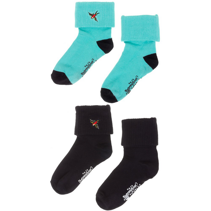 Sourpuss Sparrow Socks in Set of Two | Teal & Black Cuffed Novelty Socks Women Size 5-10