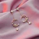 Sweet Dreams Moon Earrings | Gold Celestial Dangle Earrings with Pink & Blue Gems