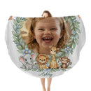 Personalized Baby Safari Round Blanket with Photo and Name - Watercolor Safari Animals and Botanical Wreath on White - Custom Baby Gift in 47 or 60 Inch