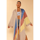 Tan Retro Stripe Kimono Big Long Textured Satin Duster | Light Jacket, Outdoor Robe, Swimsuit Coverup | Sizes SM-XL