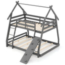 Twin Over Queen Bunk Bed Wooden Kids Bed with Climbing Nets and Ramp