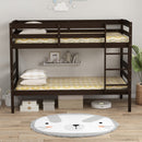 Solid Wood Twin Over Twin Bunk Bed Frame with High Guardrails and Integrated Ladder