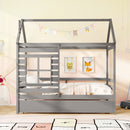 Twin Size Wooden Platform House Bed with Trundle and Roof