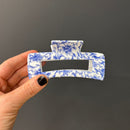 Velvet Claws Painted Pottery Blue Floral Hair Clip | Claw Clip in Velvet Travel Bag