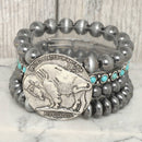 Vintage Style Buffalo Coin Pearl Bead Bracelet | Cowgirl Western Boho Bison Coin Beaded Stacked Stretch Bracelet