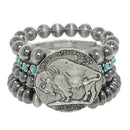 Vintage Style Buffalo Coin Pearl Bead Bracelet | Cowgirl Western Boho Bison Coin Beaded Stacked Stretch Bracelet