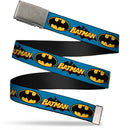 Chrome Buckle Web Belt - Vintage Batman Logo & Bat Signal Blue Webbing