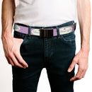 Web Belt Blank Matte Buckle - GILMORE GIRLS Title Logo and Flower Petals Lavender/White/Blue Webbing