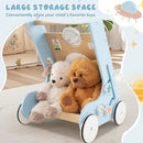 Wooden Baby Walker Push and Pull Learning Activity Center with Wheels for Toddlers 1+ Years Old-Blue