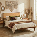 Queen Rattan Headboard Bed Frame with Wood Slat Support