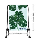 Personalized Monstera Leaf Drawstring Bag with Custom Name - Tropical Plant Gym School and Beach Bag for Kids and Adults