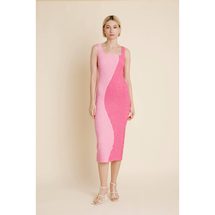 Yin Yang Two-Tone Pink Curve Smocked Midi Dress