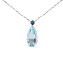 18K White Gold 3/8 Cttw Pave Set Diamond and Sky Blue Topaz and Blue Sapphire Gemstone Floral Teardrop Halo 18" Pendant Necklace (G-H Color, SI2-I1 Clarity)