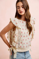 BiBi Flower Printed Ruffle Sleeve Trim Detail Top