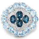 6.54 Carat Genuine London Blue Topaz, Blue Topaz and White Topaz .925 Sterling Silver Ring