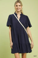 Umgee Linen Tiered Babydoll Dress with Scalloped Sleeves