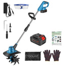 800W 21V Cordless Tiller Cultivator 3.0Ah Battery Powered Tiller with 8.66" Width 6.69" Depth Manganese Steel Tines for Soil Cultivation Weeding Garde