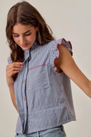 SO ME Stripe Twill Stitch Ruffled Hidden Button Vest Top