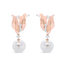14K Rose Gold 1/6 Cttw Round Diamond and 8mm Round Pearl Floral Drop Stud Earrings (H-I Color, I1-I2 Clarity)