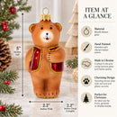 Brown Bear with Red Vest Glass Christmas Ornament