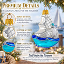 Sailing Ship with White Sails and Blue Hull Glass Christmas Ornament