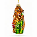Monkey with Wine Bottle Glass Christmas Ornament
