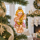 Cherub Angel Musician Playing Golden Mandolin Glass Christmas Ornament