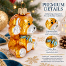 Golden Bear with Blue Bow and Raised Paws Glass Christmas Ornament