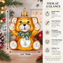 Golden Bear with Blue Bow and Raised Paws Glass Christmas Ornament