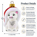 White Cat In Santa Hat Glass Christmas Ornament
