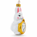 White Bunny with Timepiece Motif Glass Christmas Ornament