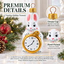White Bunny with Timepiece Motif Glass Christmas Ornament