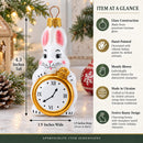 White Bunny with Timepiece Motif Glass Christmas Ornament