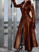 Women's Fashion Long Leather Coat With Stand Collar