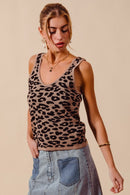 SO ME Leopard Knitted Lightweight V Neck Tank Top