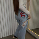 Women's Straight-leg Washed Embroidered Ripped Jeans