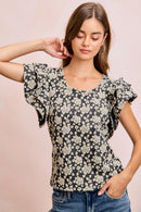 BiBi Floral Jacquard Ruffle Sleeves Knit Top