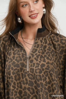 Umgee Leopard Print Quarter Zip Puff Sleeve Mini Dress