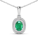 1.50 Carat Genuine Zambian Emerald and White Diamond 14K White Gold Pendant