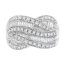 .925 Sterling Silver 1.0 Cttw Channel Set Alternating Round and Baguette Diamond Cross-over Bypass Ring Band (I-J Color, I2-I3 Clarity) - Size 7