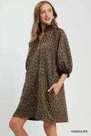 Umgee Leopard Print Quarter Zip Puff Sleeve Mini Dress