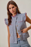 SO ME Stripe Twill Stitch Ruffled Hidden Button Vest Top