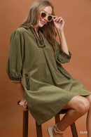 Umgee V-Neck Shift Dress with Contrast Trim