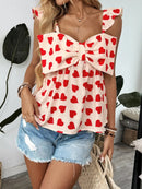 Heart Print Bow Front Peplum Blouse