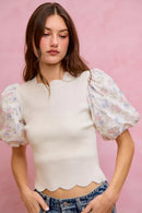 SO ME Floral Cotton Contrast Sleeves Scallop Sweater Top