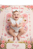 Personalized Baby Milestone Blanket with Name - Butterfly Garden Design with Month Numbers, Meadow Border, and Baby Name on Cream Oval Plaque - Newborn Photoshoot Prop