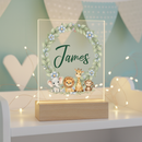 Personalized Baby Safari Night Light with Name | Botanical Wreath, Elephant, Lion, Giraffe, and Monkey | Gender Neutral Nursery Gift