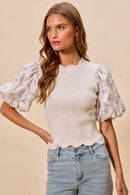 SO ME Floral Cotton Contrast Sleeves Scallop Sweater Top