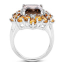6.72 Carat Genuine Smoky Quartz, Citrine and White Diamond .925 Sterling Silver Ring